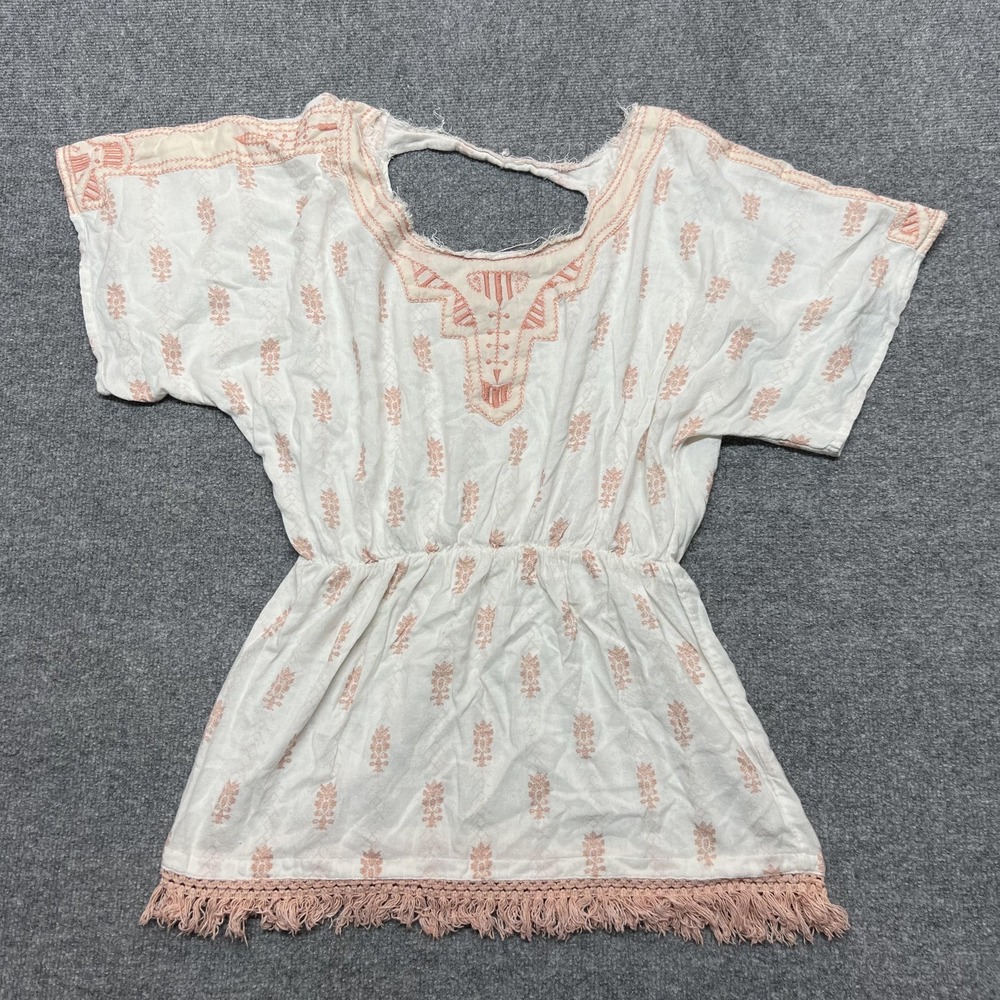 Free People Shirt Womens Medium White Embroidered Fringe Kimono Sleeve Tunic